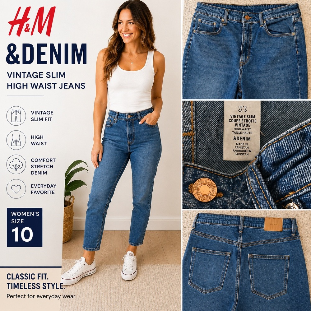 H&M &Denim Vintage Slim High Waist Jeans Blue Medium Wash Size 10 Womens